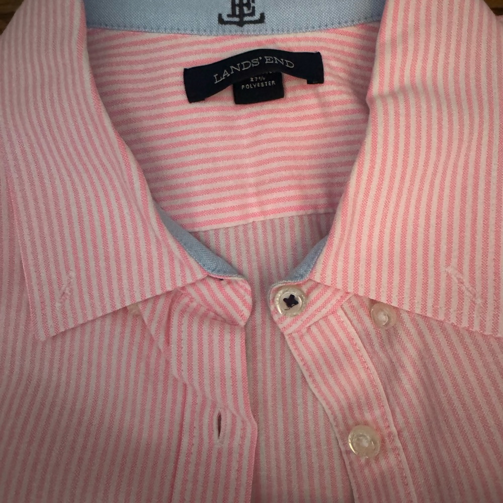 Lands End neon pink and white striped button down